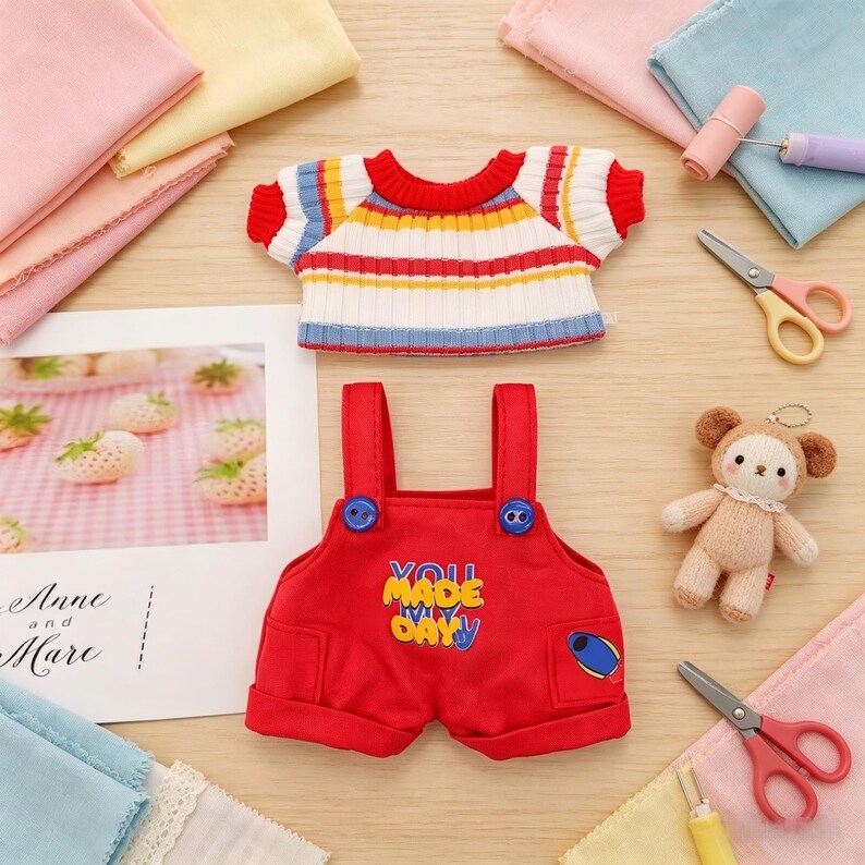 Kawaii Labubu Red Outfit, Handmade Striped Sweater & Overalls Set, Fits 17cm The Monsters Labubu, Doll Lover Gift 2pc Tee & Overalls