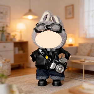 May include: A plush toy bunny wearing a black leather jacket, blue jeans, and aviator goggles. The bunny has a camera slung over its shoulder and the word "SMILE" is printed on the strap.