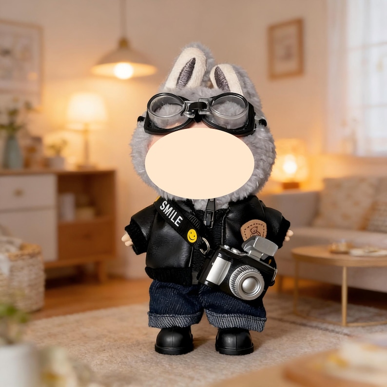May include: A plush toy bunny wearing a black leather jacket, blue jeans, and aviator goggles. The bunny has a camera slung over its shoulder and the word "SMILE" is printed on the strap.