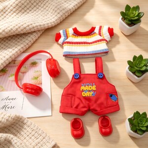 Kawaii Labubu Red Outfit, Handmade Striped Sweater & Overalls Set, Fits 17cm The Monsters Labubu, Doll Lover Gift 4pc Outfit Set