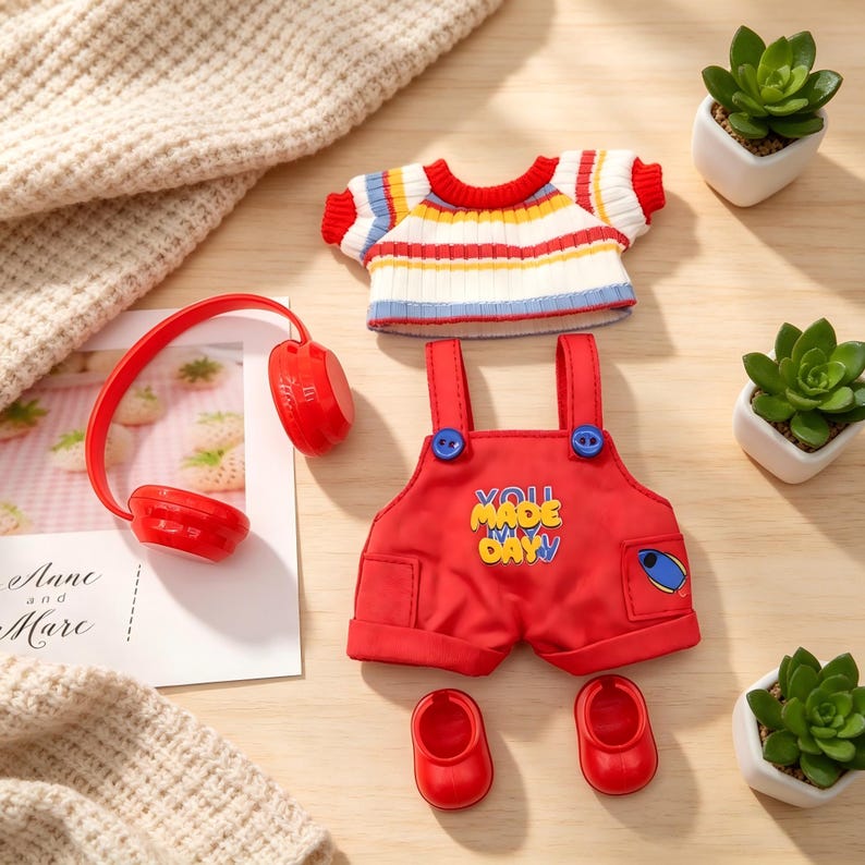 Kawaii Labubu Red Outfit, Handmade Striped Sweater & Overalls Set, Fits 17cm The Monsters Labubu, Doll Lover Gift 4pc Outfit Set