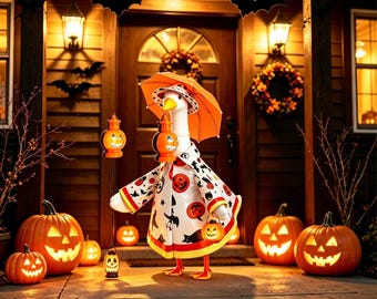 23 Inch Porch Goose Halloween Outfit, Pumpkin Print Coat With Umbrella, Lawn Goose Costume, Farmhouse Front Porch Decor, Goose NOT Included