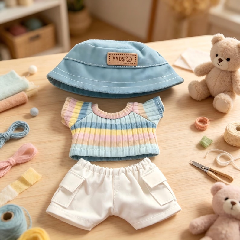 May include: A light blue bucket hat with a brown patch that reads "YYDS" sits above a striped shirt and white shorts. The shirt has horizontal stripes of blue, yellow, pink, and orange. The shorts have two pockets. A teddy bear is in the background.
