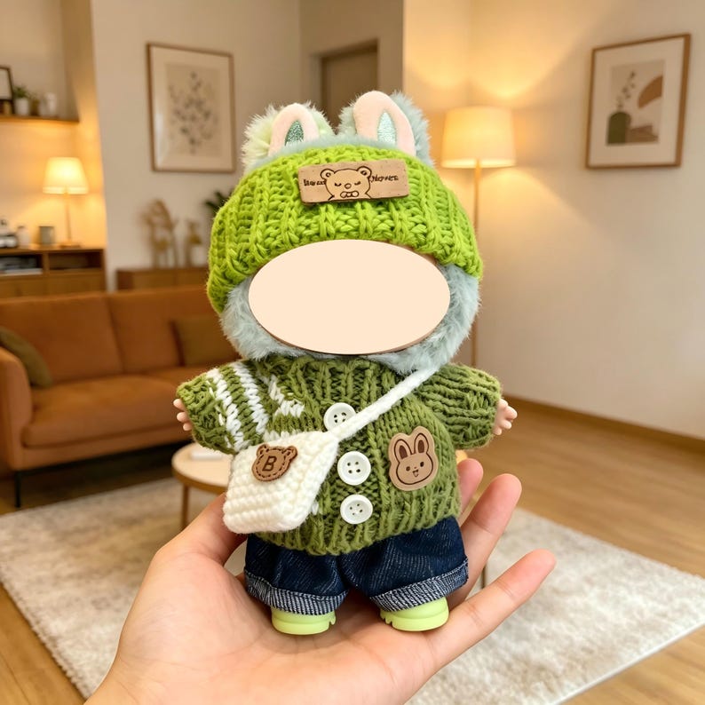 K&ouml;nnte beinhalten: Eine Pl&uuml;schpuppe mit einem gr&uuml;nen Strickhut mit B&auml;renohren und einem passenden Pullover. Die Puppe hat eine wei&szlig;e Umh&auml;ngetasche und blaue Jeansshorts. Der Hut hat ein Holzschild mit der Aufschrift "Bear Notes".