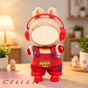 Kawaii Labubu Red Outfit, Handmade Striped Sweater & Overalls Set, Fits 17cm The Monsters Labubu, Doll Lover Gift image 1