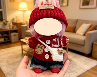 Handmade Labubu 5-Piece Knit Outfit Set, Hat Sweater Jeans Shoes & Bag, Fits 17cm Pop Mart Labubu, Kawaii Bunny Style – Doll NOT Included