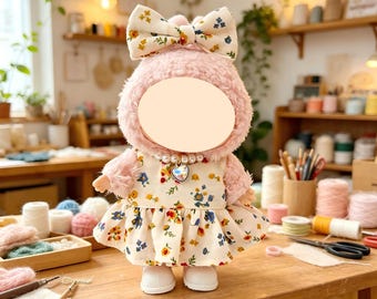 Labubu Floral Dress Set, Handmade Cute Outfit with Bow & Heart Necklace, Fits 17cm The Monsters Labubu, Perfect Gift for Collectors