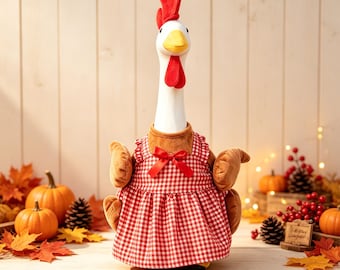 Thanksgiving Harvest 23in Lawn Goose Outfit, Red Gingham Dress with Red Bow, Farmhouse Porch Decor, Autumn Yard Decor, Goose NOT Included