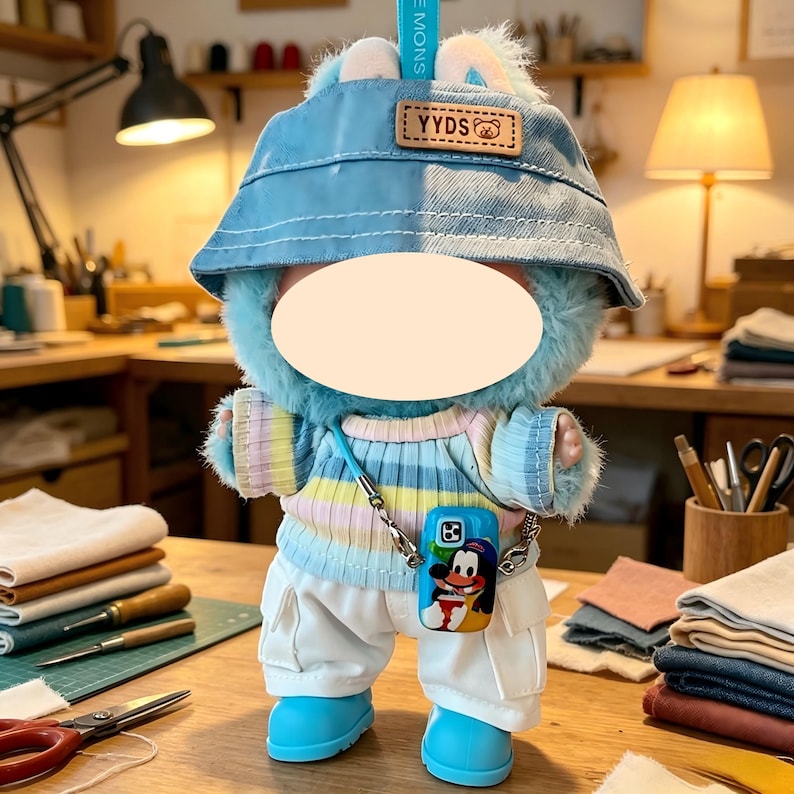 May include: A plush blue bear wearing a light blue bucket hat with "YYDS" text, a striped sweater, white pants, and blue boots. It has a phone case with a cartoon character and a silver chain. The bear is standing on a wooden surface.