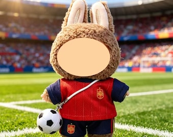 Conjunto de ropa de fútbol en bloques de color rojo y azul marino para muñeca PopMart Labubu de 17 cm, mini shorts de jersey Kawaii con colgante de fútbol – Muñeca NO incluida
