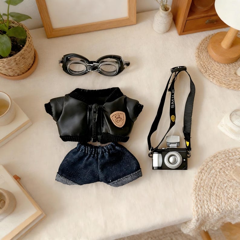 May include: A miniature doll outfit set featuring a black faux leather jacket with a zipper, denim shorts, goggles, and a toy camera with a black strap. The jacket has a small patch. The camera strap says "SMILE".