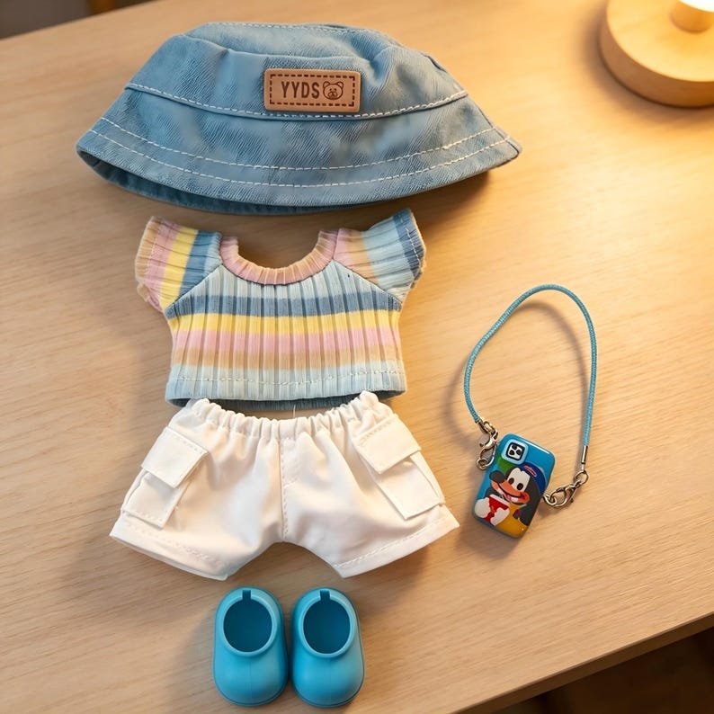 May include: A doll-sized outfit set featuring a light blue denim bucket hat with a brown patch that reads "YYDS", a striped pastel shirt, white shorts with pockets, blue shoes, and a blue phone case with a cartoon character.