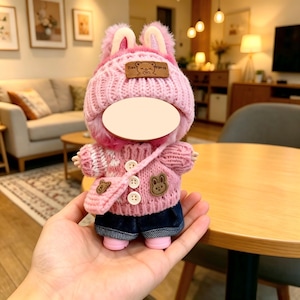 K&ouml;nnte beinhalten: Ein rosa Pl&uuml;schtier, das ein Strickoutfit mit einem Hasenhut und einer kleinen Handtasche tr&auml;gt. Das Outfit umfasst einen rosa Pullover mit einem B&auml;renaufn&auml;her, blaue Jeansshorts und rosa Schuhe. Der Hut hat Hasenohren.