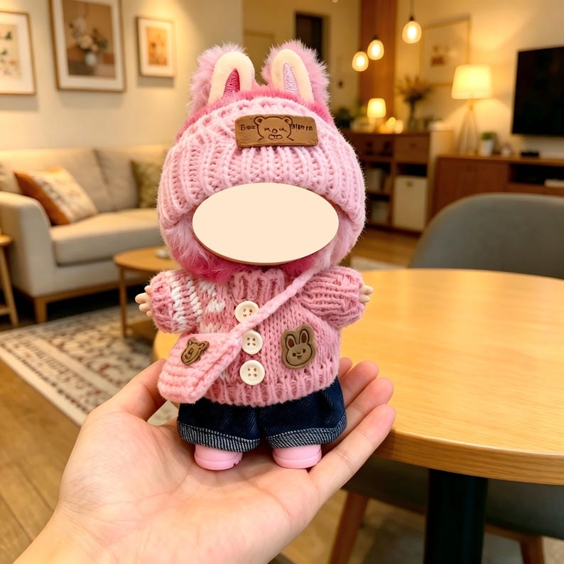 K&ouml;nnte beinhalten: Ein rosa Pl&uuml;schtier, das ein Strickoutfit mit einem Hasenhut und einer kleinen Handtasche tr&auml;gt. Das Outfit umfasst einen rosa Pullover mit einem B&auml;renaufn&auml;her, blaue Jeansshorts und rosa Schuhe. Der Hut hat Hasenohren.