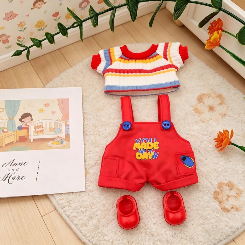 May include: A doll's outfit set comprising a red overall with the text "YOU MADE MY DAY", a striped sweater, and red shoes. The set is displayed on a white rug with a picture of a child's room.