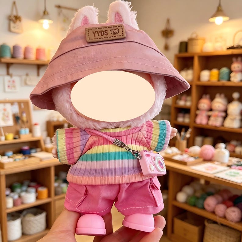 May include: A plush doll wearing a pink bucket hat with "YYDS" text, a striped rainbow sweater, pink shorts, and pink shoes. A small pink camera hangs around its neck. The doll has bunny ears and a fluffy face.