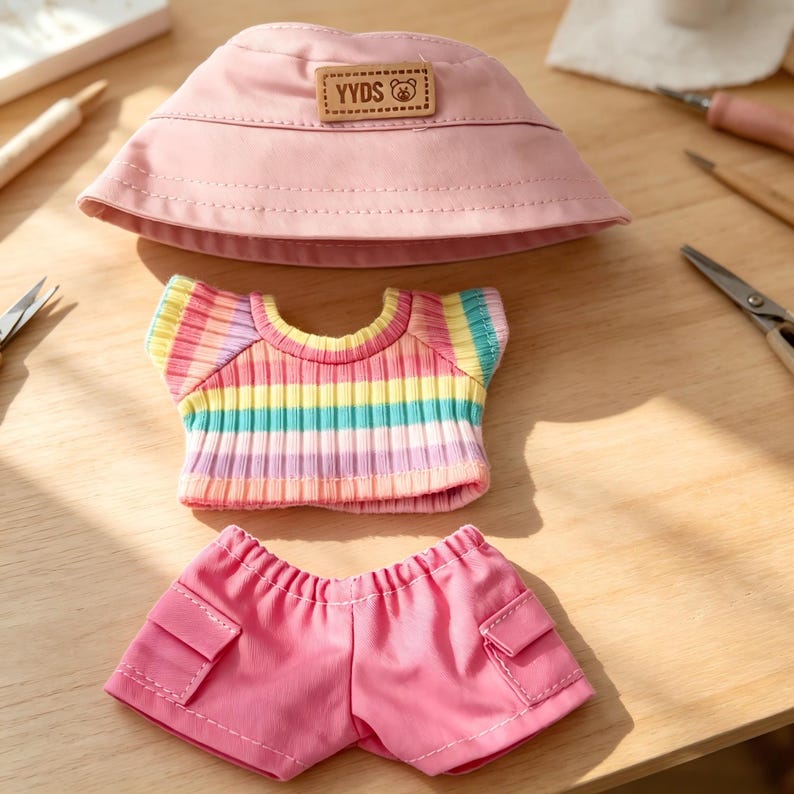 May include: A doll-sized outfit set featuring a pink bucket hat with a "YYDS" patch, a rainbow striped short-sleeved shirt, and pink shorts with pockets. The set is designed for dolls and is made of fabric.