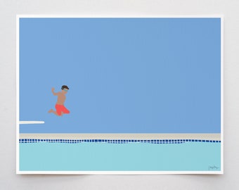 Boy Jumping into Pool Art Print - Signed and Printed by Jorey Hurley - Unframed or Framed - 150713