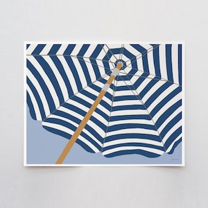 Navy Striped Beach Umbrella Wall Art, signed print by Jorey Hurley