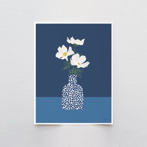 Blue Dotted Vase with Cosmos Flowers Art Print Signed and Printed by Jorey Hurley Unframed or Framed 220525 image 1