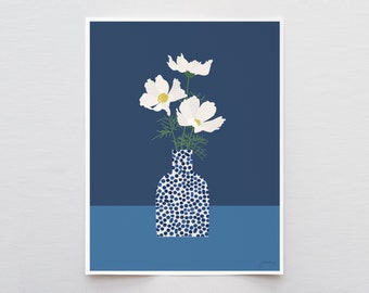 Blue Dotted Vase with Cosmos Flowers Art Print - Signed and Printed by Jorey Hurley - Unframed or Framed - 220525