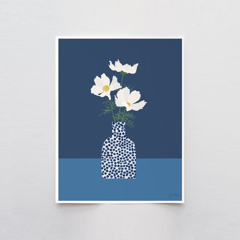 Blue Dotted Vase with Cosmos Flowers Art Print Signed and Printed by Jorey Hurley Unframed or Framed 220525 image 1