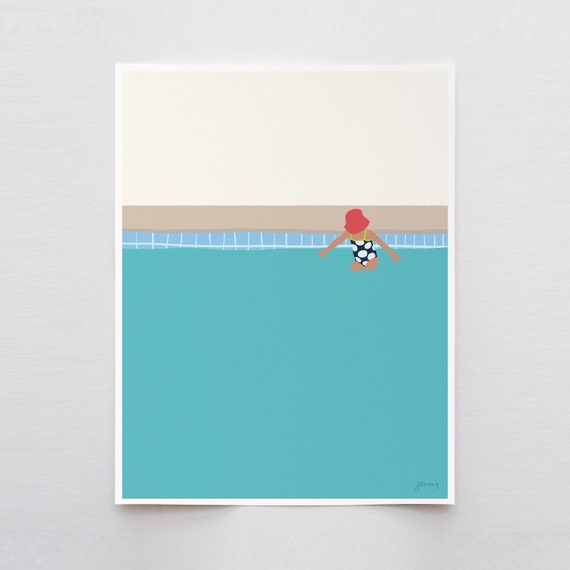 Little Girl with Sunhat in Pool Art Print - Signed and Printed by Jorey Hurley - Unframed or Framed - 140702