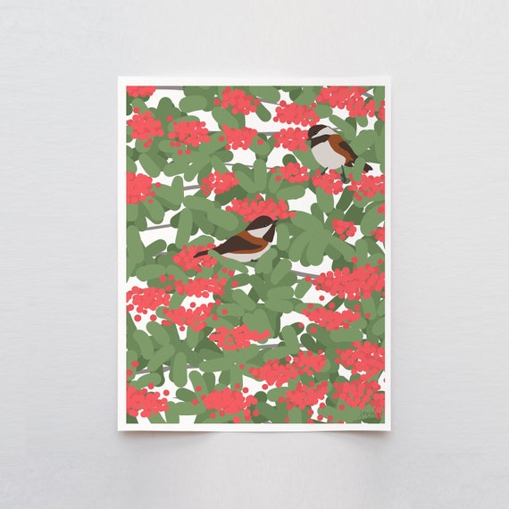 Chickadees Eating Toyon Berries Art Print - Signed and Printed by Jorey Hurley - Unframed or Framed - 141116