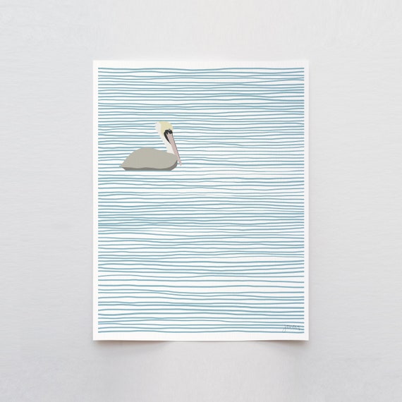 Pelican on Striped Water Art Print - Signed and Printed by Jorey Hurley - Unframed or Framed - 230402
