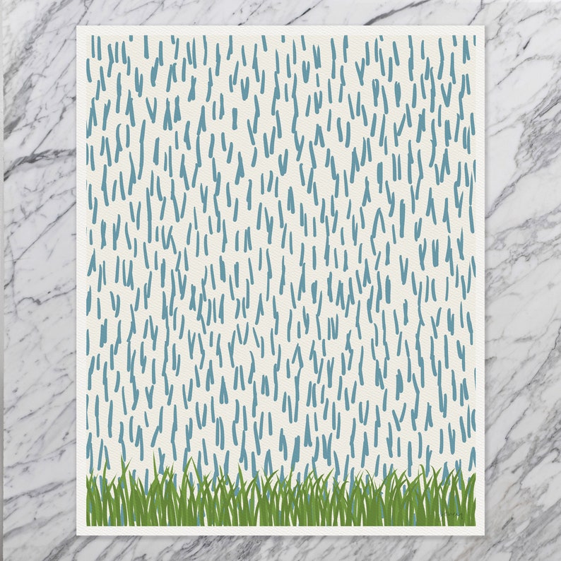 May include: A white background with a pattern of blue lines that resemble rain. The bottom of the image has a row of green grass.