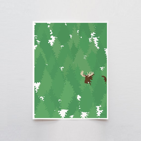 Moose Walking in a Forest Art Print - Signed and Printed by Jorey Hurley - Unframed or Framed - 221209