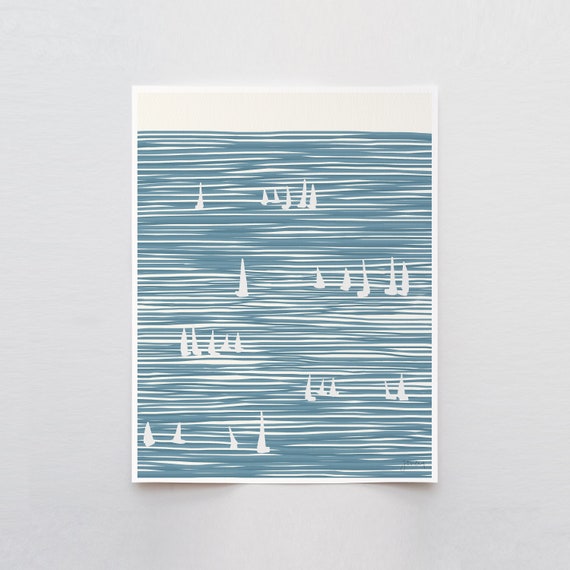 Sailboats on Striped Water Art Print - Signed and Printed by Jorey Hurley - Unframed or Framed - 140324