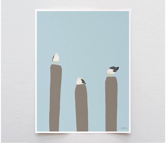 Seagulls Perched on Pier Art Print - Signed and Printed by Jorey Hurley - Unframed or Framed - 130731