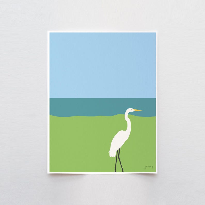 Signed Egret Art Print – Coastal Bird Illustration by Jorey Hurley - 130402 image 1