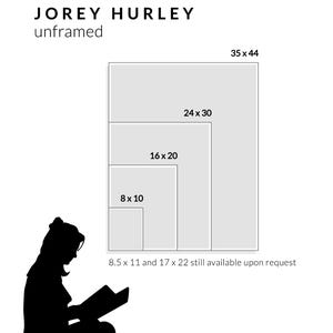 May include: A black and white silhouette of a person reading a book. The image shows different sizes of prints available: 8x10 inches, 16x20 inches, 24x30 inches, and 35x44 inches. 8.5x11 inches and 17x22 inches are also available upon request.