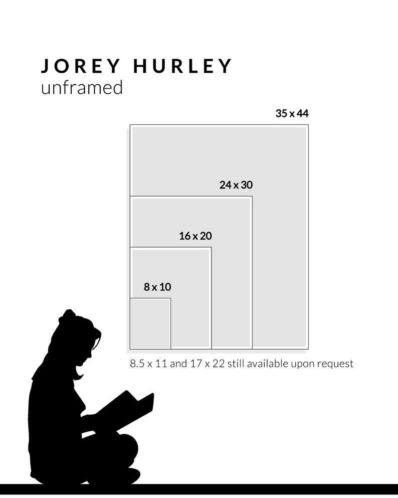May include: A black and white silhouette of a person reading a book. The image shows different sizes of prints available: 8x10 inches, 16x20 inches, 24x30 inches, and 35x44 inches. 8.5x11 inches and 17x22 inches are also available upon request.