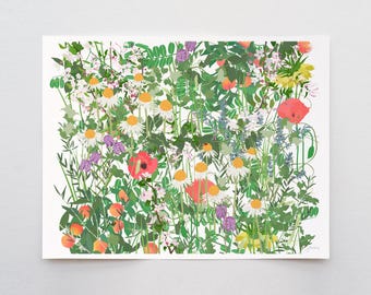 Daisies and Poppies Mille Fleur, botanical wall art, signed print by Jorey Hurley