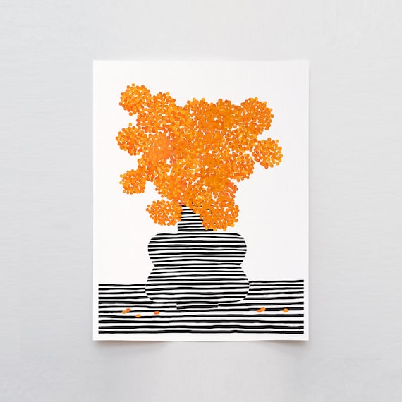 Marigolds in a Striped Vase Art Print - Signed and Printed by Jorey Hurley - Unframed or Framed - 211212