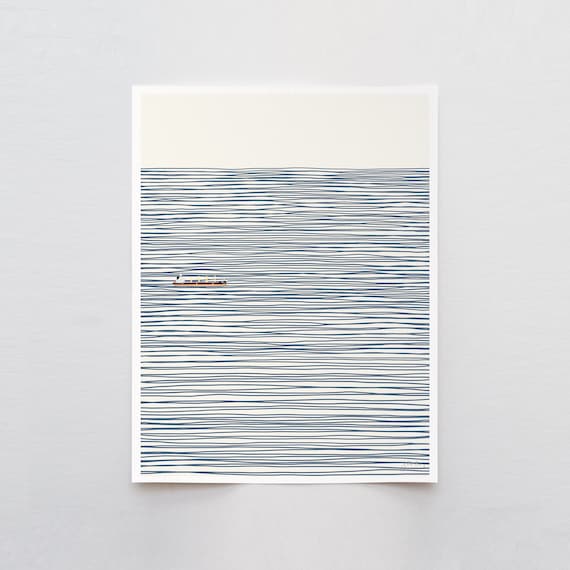 Cargo Ship on Striped Ocean Art Print - Signed and Printed by Jorey Hurley - Unframed or Framed - 140114