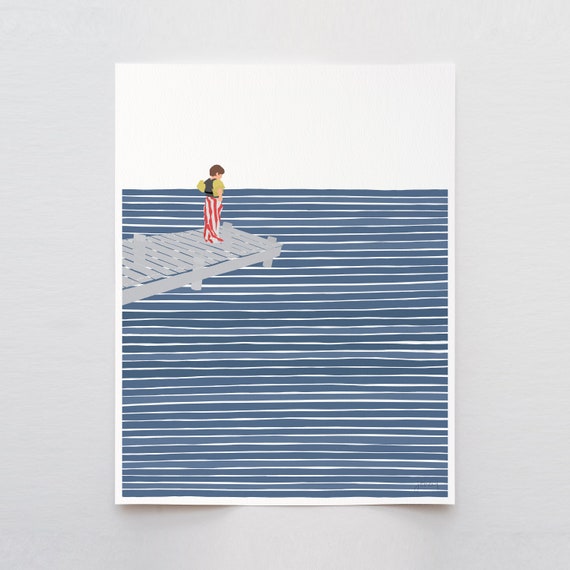 Boy with Floaties Art Print - Signed and Printed by the Artist - Framed or Unframed - Lake Dock Art - 221011