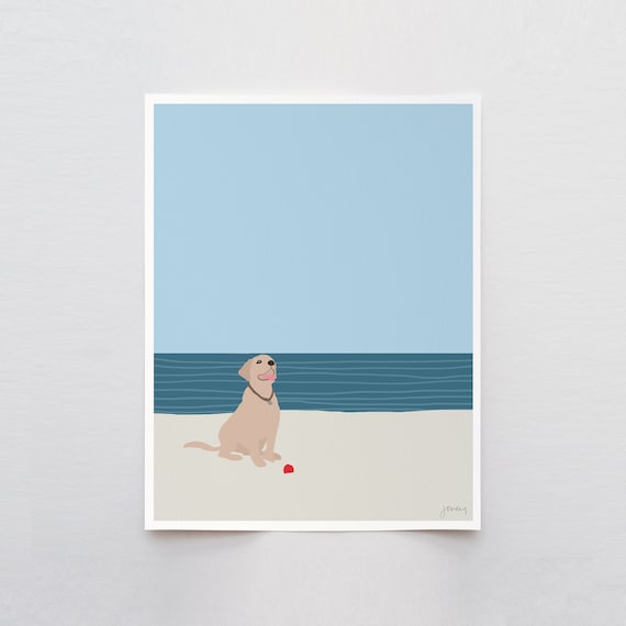 Labrador with Ball at Beach Art Print - Signed and Printed by the Jorey Hurley - Unframed or Framed - 160522