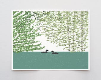 May include: A rectangular art print featuring two black and white loons swimming on a solid teal lake. Above the water, green foliage and white birch trees with black markings fill the upper portion of the composition against a white background.