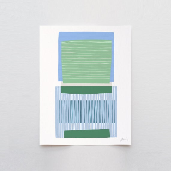 Blue and Green Squares Abstract Art Print - Signed and Printed by Jorey Hurley - Unframed or Framed - 190406