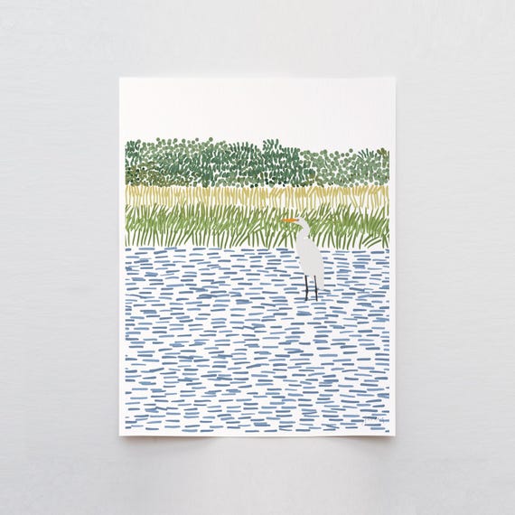 Egret in Wetlands Portrait Art Print - Signed and Printed by Jorey Hurley - Unframed or Framed - 210806