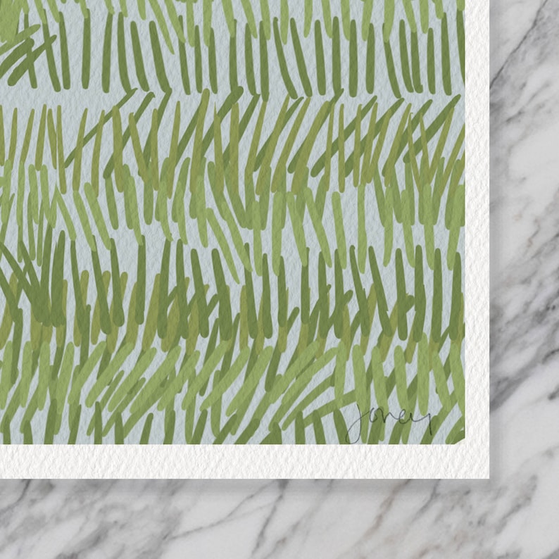May include: Abstract art print with a green and blue pattern of lines on a white background. The print is signed "Joney" in the bottom right corner.