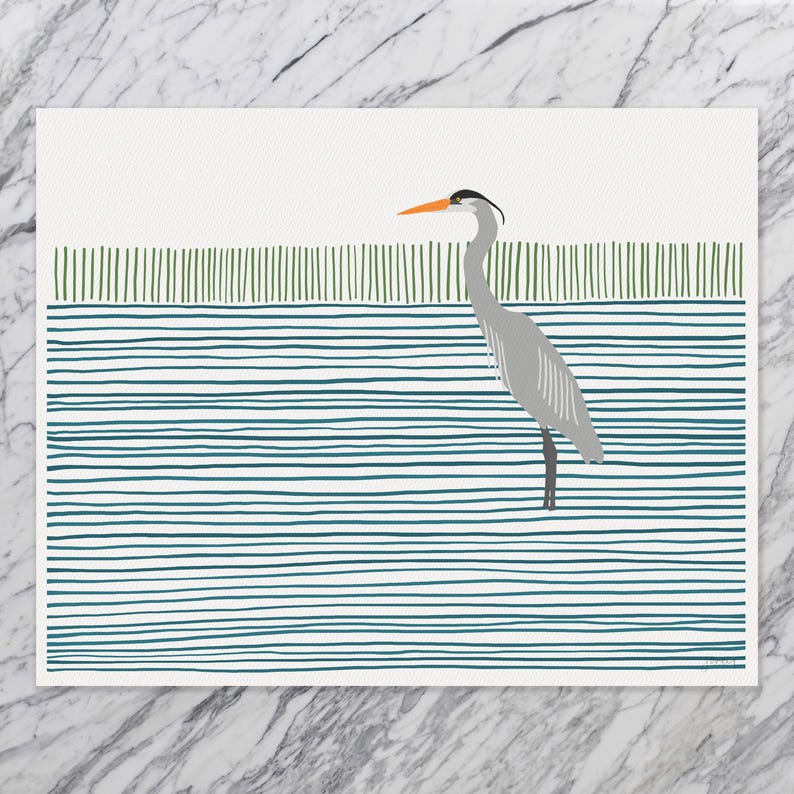 May include: A gray heron with an orange beak stands in a blue and green striped water scene. The heron has a black stripe on its head.