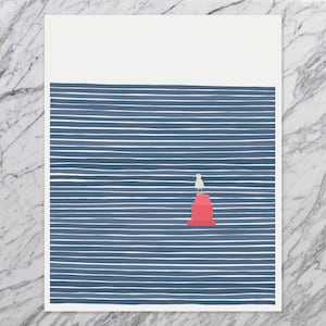 May include: A minimalist illustration of a seagull perched on a red buoy in a blue and white striped ocean.