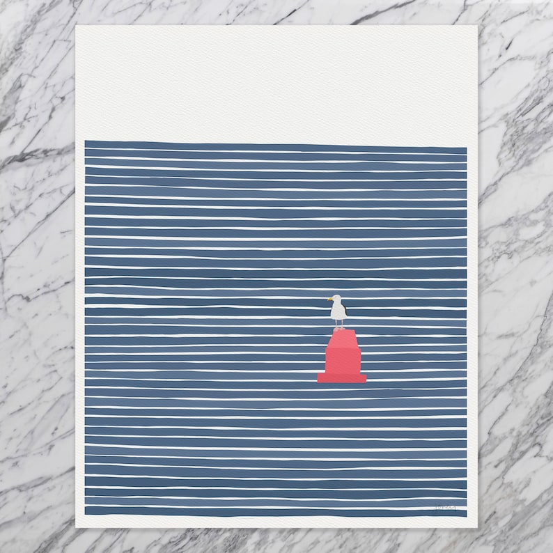 May include: A minimalist illustration of a seagull perched on a red buoy in a blue and white striped ocean.