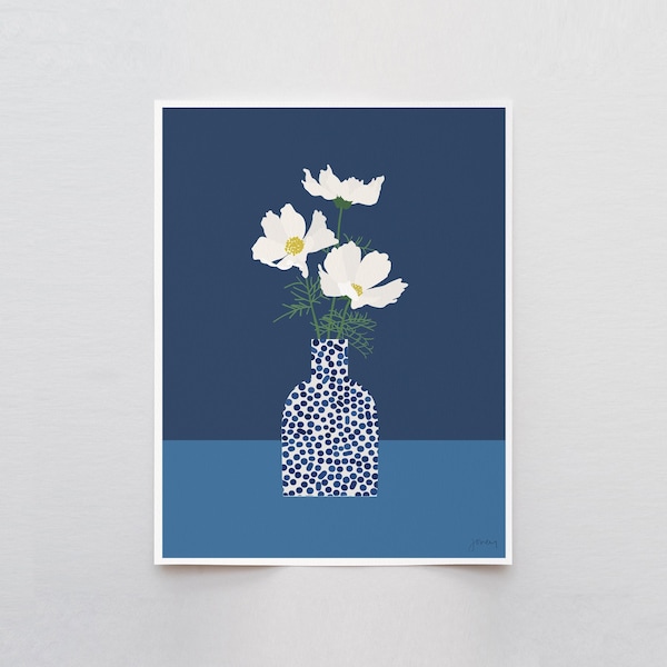 Blue Vase Cosmos Flower Art Print – Signed by Jorey Hurley - Floral Still Life - 220525