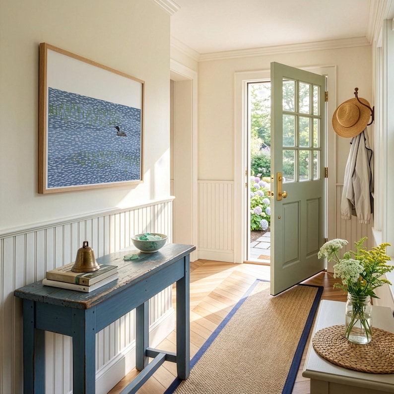 May include: A blue wooden console table holds a brass bell and stacked books. Above, a framed print depicts a bird on blue water. A light green door stands open, while a straw hat and jacket hang on a wall hook nearby.